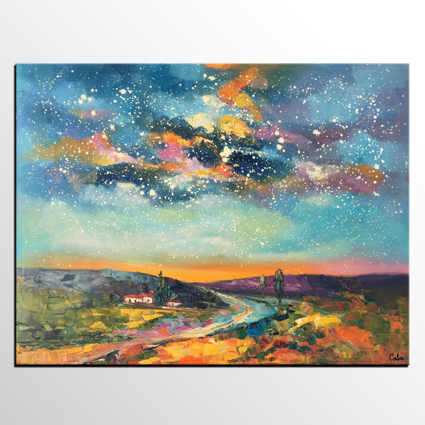 Canvas Wall Art, Abstract Landscape Art, Starry Night Sky, Bedroom Wall Art, Custom Abstract Art Painting, Oil Painting