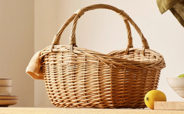 Large Kitchen Storage Baskets, Picnic Storage Basket with Handle, Hand-woven Wicker Storage Basket, Willow Weaving Baskets for Vegetable, Natural Fruit Basket-Art Painting Canvas
