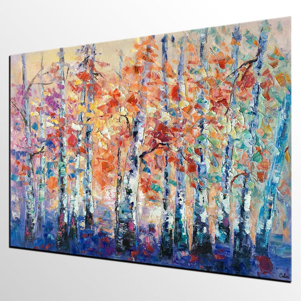 Palette Knife Paintings, Autumn Tree Landscape Paintings, Custom Canvas Painting for Dining Room, Landscape Canvas Paintings, Heavy Texture Painting-Art Painting Canvas
