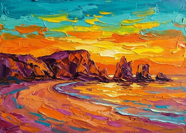 Original Landscape Paintings, Sunset Over Coastal Cliffs, Impasto Heavy Texture Art, Small Canvas Wall Art Paintings, Buy Original Artwork Online, Hand Painted Canvas Art