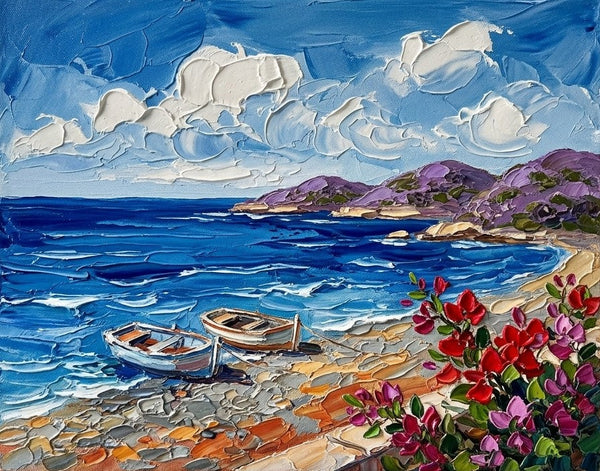 Moored Boats in the Sunny Bay, Small Canvas Artwork for Sale, Original Seascape Paintings, Original Oil Paintings, Heavy Texture Paintings
