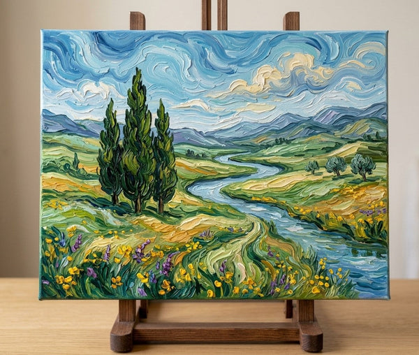 Cypress Riverside Under Swirling Clouds, Original Oil Paintings, Original Landscape Paintings, Impasto Heavy Texture Artwork, Hand Painted Canvas Art, Small Canvas Art