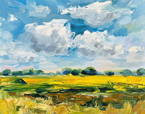 Small Canvas Wall Art Paintings, Golden Crops Under the Billowing Blue Sky, Original Landscape Paintings, Original Artwork for Sale, Hand Painted Canvas Art, Impasto Heavy Texture Art