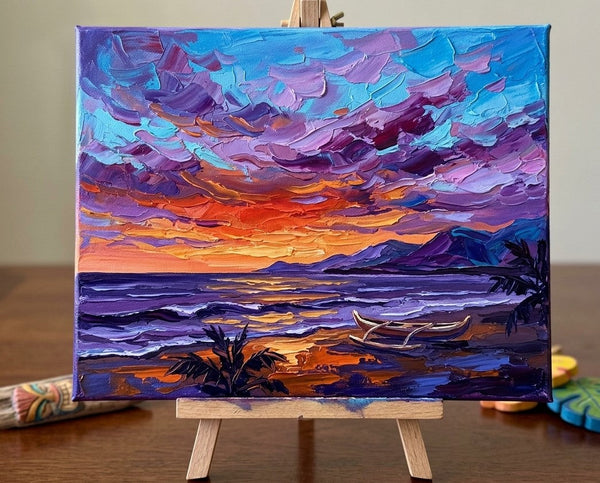 Original Oil Paintings, Ocean Sunset, Seashore Beach Painting, Original Seascape Paintings, Impasto Heavy Texture Art, Hand Painted Canvas Art, Small Canvas Artwork