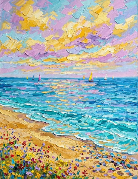 Abstract Seascape Art, Sails Under Sunset Glow, Small Canvas Artwork for Sale, Original Canvas Paintings, Heavy Texture Paintings on Canvas