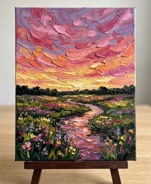 Chasing Sunset Along the Flower Path, Original Landscape Paintings, Buy Small Paintings Online, Hand Painted Canvas Art, Original Oil Paintings for Sale, Impasto Paintings