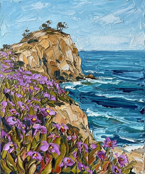 Impasto Painting, Purple Blooms on the Cliff Edge, Original Seashore Paintings, Heavy Texture Paintings on Canvas, Small Canvas Artwork for Sale