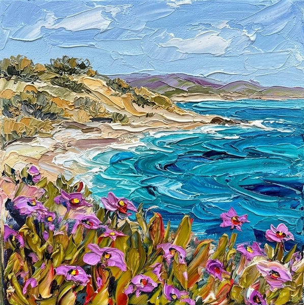 Sandy Shore Under Blue Sky, Hand Painted Canvas Art, Heavy Texture Paintings, Original Seascape Paintings, Miniature Canvas Art, Original Oil Painting for Sale