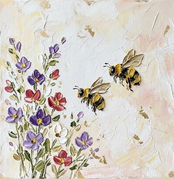 Miniature Canvas Painting, Blooming Flowers and Busy Bees, Hand Painted Canvas Art, Impasto Artwork, Original Acrylic Paintings, Buy Small Art Online, Cute Small Canvas Wall Art