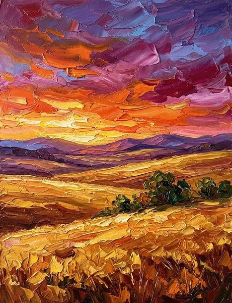 Impasto Painting, Sunset Glow Over the Vast Plains, Small Canvas Artwork for Sale, Original Canvas Paintings, Heavy Texture Paintings on Canvas