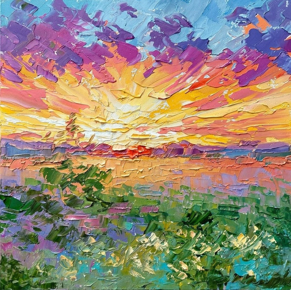 Original Oil Painting for Sale, Sunset Glow Over Golden Plains, Hand Painted Canvas Art, Heavy Texture Paintings, Original Landscape Paintings, Small Art on Canvas