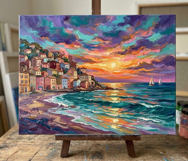 Heavy Texture Paintings, Sunset Glow Over the Harbor, Seashore Beach Painting, Small Canvas Artwork for Sale, Original Seascape Paintings, Small Paintings on Canvas