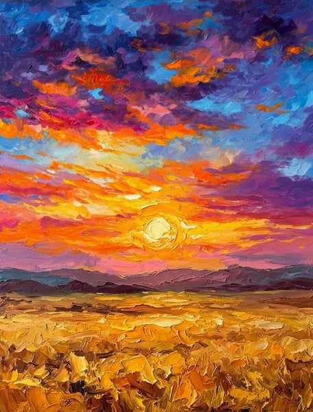 Original Small Paintings for Sale, Sunset Overflowing Golden Plains, Original Landscape Paintings, Hand Painted Canvas Art, Impasto Paintings, Small Artwork for Sale