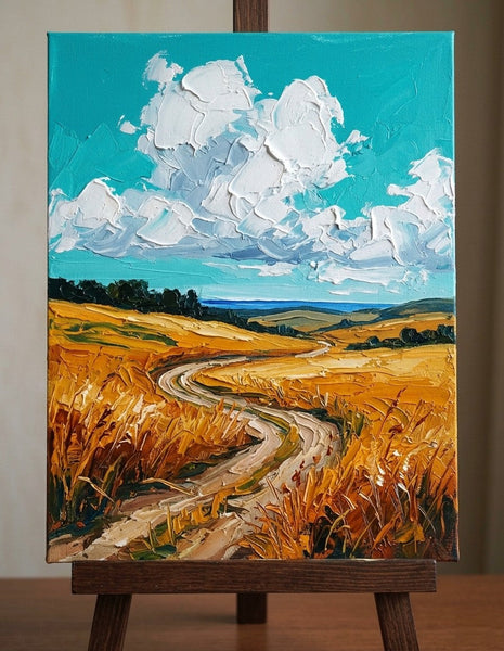 Golden Wheat Path, Original Landscape Paintings, Small Canvas Wall Art Paintings, Original Artwork for Sale, Hand Painted Canvas Art, Impasto Heavy Texture Art