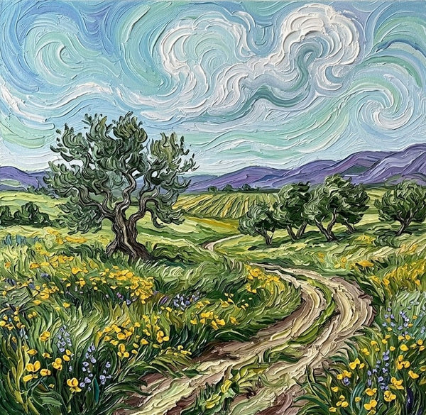 Wind Sweeping Clouds Over teh Green Plain, Hand Painted Canvas Art, Original Oil Painting for Sale, Heavy Texture Paintings, Original Landscape Paintings