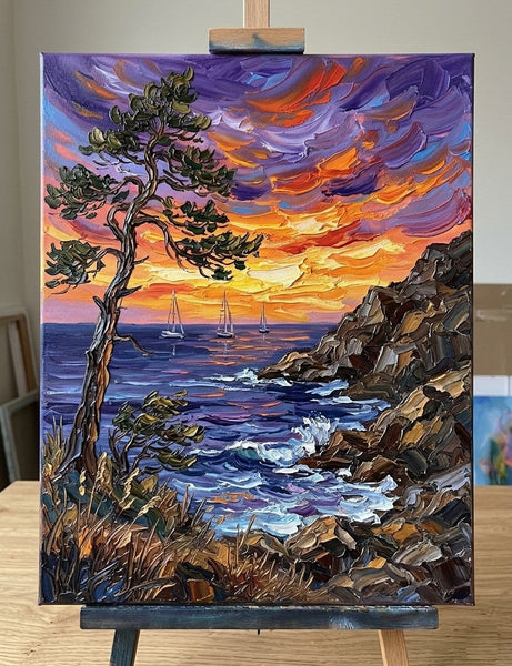 Hand Painted Canvas Art, Impasto Sunset at the Coastal Cove, Original Seascape Paintings, Original Oil Paintings, Buy Small Paintings Online, Small Canvas Artwork