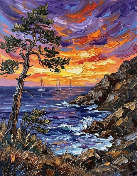 Hand Painted Canvas Art, Impasto Sunset at the Coastal Cove, Original Seascape Paintings, Original Oil Paintings, Buy Small Paintings Online, Small Canvas Artwork