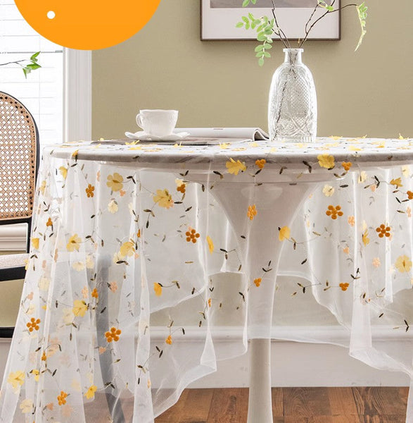 Yellow Flower Lace Tablecloths, Extra Large Rectangular Tablecloth for Oval Table, Lace Embroidered Table Covers, Rectangular Table Covers for Coffee Table-Art Painting Canvas