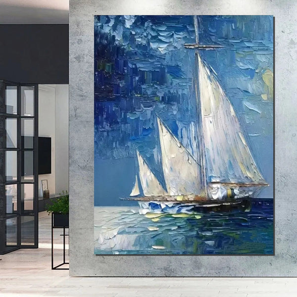 Modern Acrylic Canvas Painting, Simple Painting Ideas for Dining Room, Acrylic Painting on Canvas, Oversized Canvas Painting for Sale, Sail Boat Paintings-Art Painting Canvas