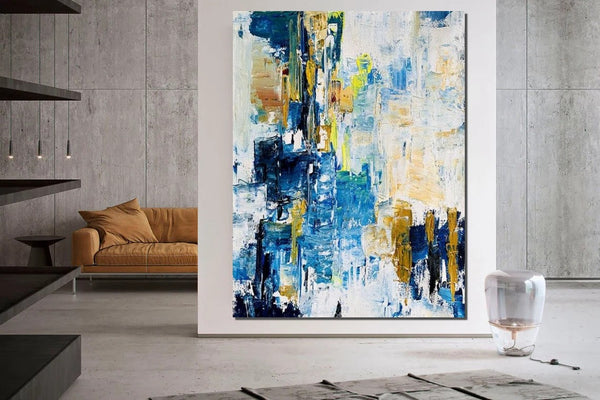 Living Room Abstract Paintings, Blue Modern Abstract Painting, Large Acrylic Canvas Paintings, Large Wall Art Ideas, Impasto Painting-Art Painting Canvas