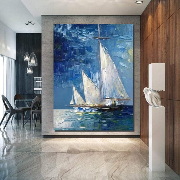 Modern Acrylic Canvas Painting, Simple Painting Ideas for Dining Room, Acrylic Painting on Canvas, Oversized Canvas Painting for Sale, Sail Boat Paintings-Art Painting Canvas