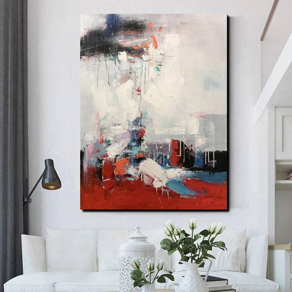 Simple Wall Art Ideas, Red Modern Abstract Painting, Dining Room Abstract Paintings, Buy Art Online, Large Acrylic Canvas Paintings-Art Painting Canvas