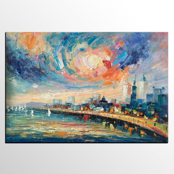 Abstract Landscape Painting, Original Oil Painting on Canvas, Custom Cityscape Painting, Palette Knife Painting-Art Painting Canvas