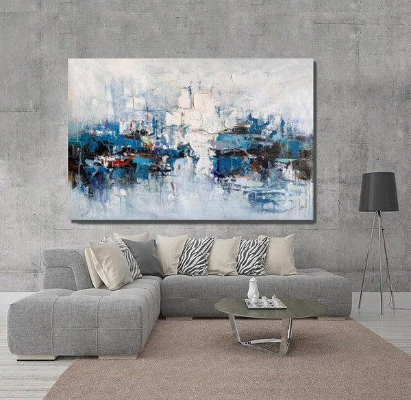 Large Wall Art Paintings Behind Sofa, Acrylic Paintings on Canvas, Acrylic Painting for Bedroom, Blue Modern Paintings, Heavy Texture Canvas Art-Art Painting Canvas