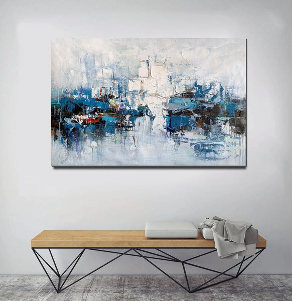 Large Wall Art Paintings Behind Sofa, Acrylic Paintings on Canvas, Acrylic Painting for Bedroom, Blue Modern Paintings, Heavy Texture Canvas Art-Art Painting Canvas