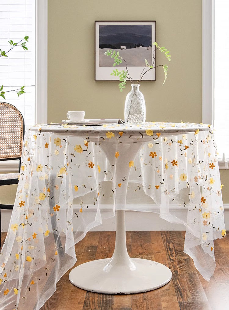 Yellow Flower Lace Tablecloths, Extra Large Rectangular Tablecloth for Oval Table, Lace Embroidered Table Covers, Rectangular Table Covers for Coffee Table-Art Painting Canvas