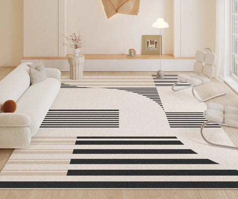 Contemporary Modern Rugs, Modern Rugs for Living Room, Black Stripe Abstract Contemporary Rugs Next to Bed, Modern Rugs for Dining Room-Art Painting Canvas