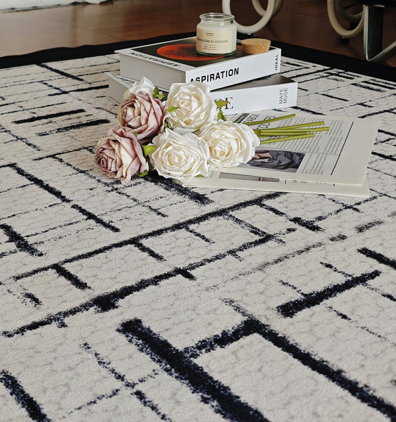 Modern Rugs for Living Room, Black Contemporary Modern Rugs, Modern Rugs for Dining Room, Abstract Contemporary Rugs Next to Bed-Art Painting Canvas