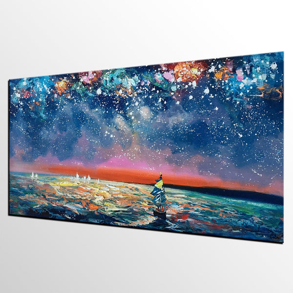 Bedroom Canvas Art, Landscape Painting, Boat under Starry Night Sky Painting, Custom Large Painting-Art Painting Canvas