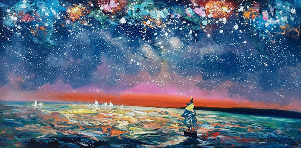 Bedroom Canvas Art, Landscape Painting, Boat under Starry Night Sky Painting, Custom Large Painting