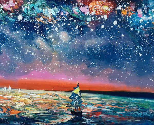 Bedroom Canvas Art, Landscape Painting, Boat under Starry Night Sky Painting, Custom Large Painting
