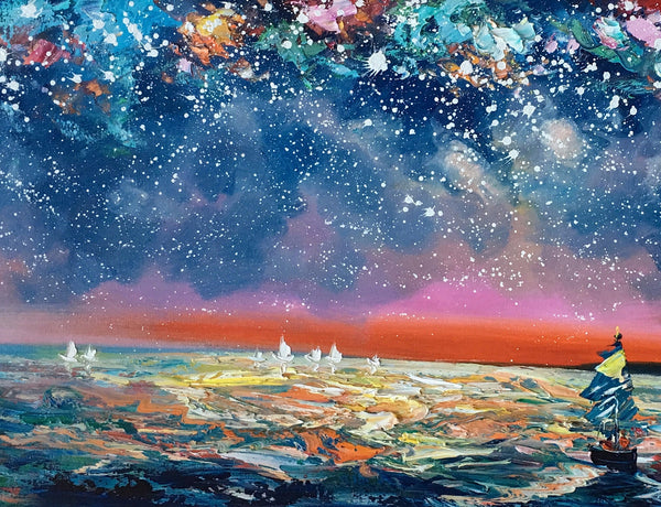 Bedroom Canvas Art, Landscape Painting, Boat under Starry Night Sky Painting, Custom Large Painting-Art Painting Canvas