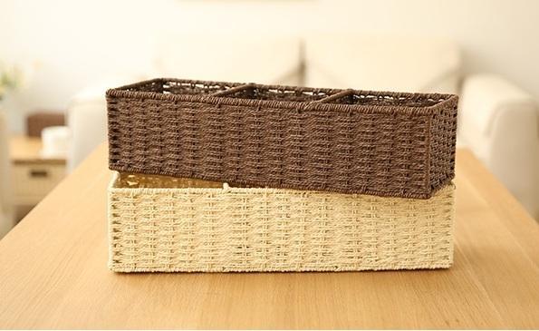 Woven Straw Storage basket with 3 Compartments, Wicker Storage Basket, Rectangle Storage Basket for Living Room-Art Painting Canvas
