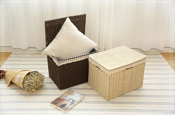 Large Deep Brown / Cream Color Woven Straw basket with Cover, Storage Basket for Toys, Rectangle Storage Basket, Storage Basket for Clothes-Art Painting Canvas