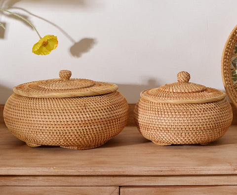 Woven Storage Basket for Kitchen, Round Storage Basket, Rattan Baskets, Small Storage Baskets, Handmade Storage Baskets, Round Storage Basket with Lid-Art Painting Canvas