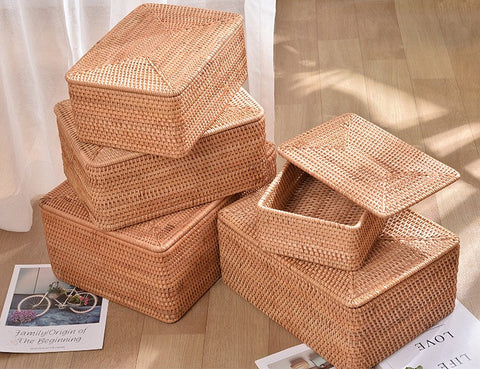 Large Storage Basket for Living Room, Storage Basket for Clothes, Woven Rattan Storage Baskets, Rectangular Storage Basket, Storage Basket with Lid-Art Painting Canvas