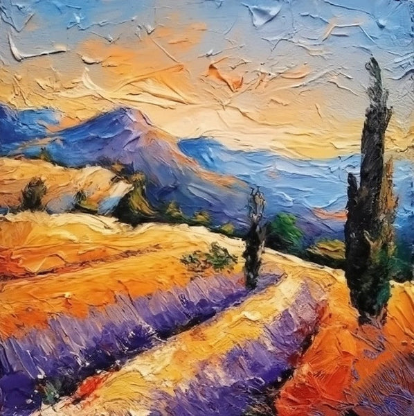 Simple Small Canvas Paintings, Original Small Landscape Paintings, Provence Lavender Field Cypress Tree Painting, Heavy Texture Acrylic Artwork, Easy Landscape Painting Ideas-Art Painting Canvas