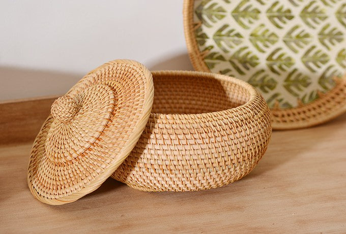 Rattan Storage Basket for Kitchen, Storage Basket for Picnic, Small Storage Baskets, Round Storage Basket with Lid, Woven Storage Baskets-Art Painting Canvas