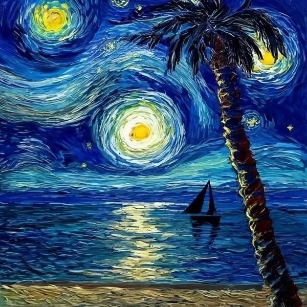 Heavy Texture Canvas Art, Easy Seascape Painting Ideas, Simple Small Canvas Paintings, Palette Knife Paintings, Sail Boat under Starry Night Painting, Small Landscape Painting-Art Painting Canvas