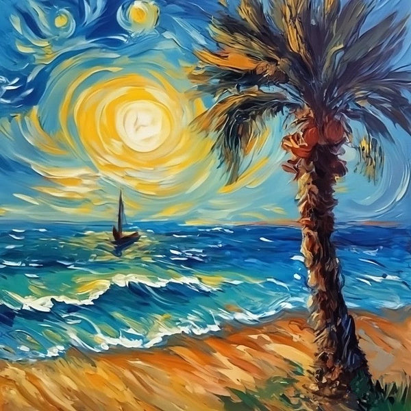 Palm Tree Sail Boat Seashore Beach Painting, Heavy Texture Canvas Art, Original Small Landscape Paintings, Small Palette Knife Oil Paintings, Easy Landscape Painting Ideas, Simple Small Canvas Paintings-Art Painting Canvas