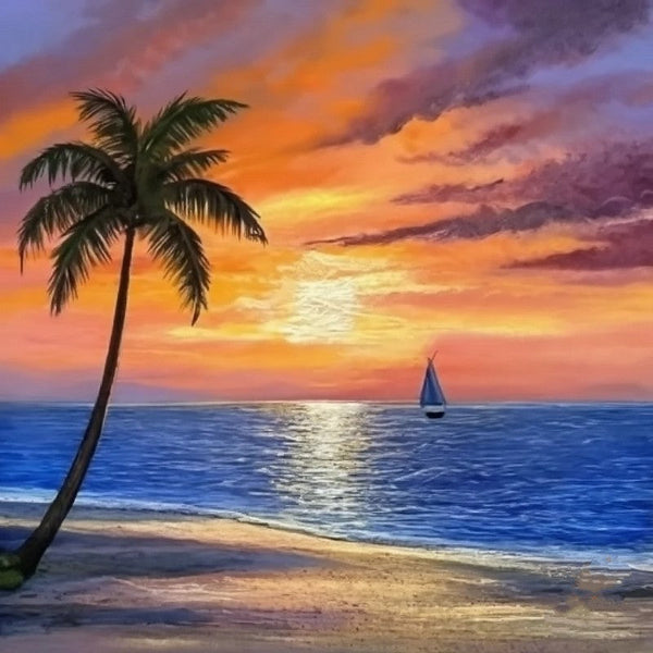 Original Small Landscape Paintings, Hawaii Seashore Beach Sail Boat Sunset Painting, Simple Small Canvas Paintings, Heavy Texture Acrylic Artwork, Easy Landscape Painting Ideas-Art Painting Canvas