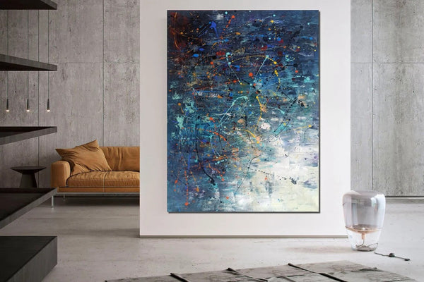 Extra Large Paintings for Living Room, Hand Painted Wall Art Paintings, Blue Abstract Acrylic Painting, Modern Abstract Art for Dining Room-Art Painting Canvas