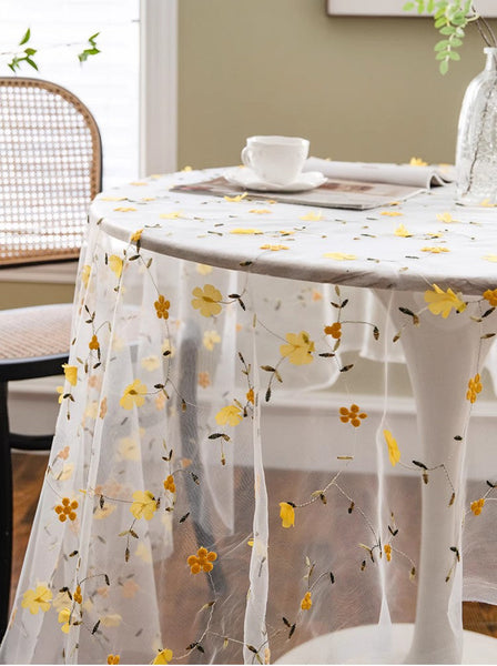 Yellow Flower Lace Tablecloths, Extra Large Rectangular Tablecloth for Oval Table, Lace Embroidered Table Covers, Rectangular Table Covers for Coffee Table-Art Painting Canvas
