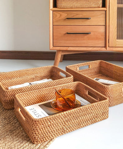 Woven Rectangular Basket with Handle, Rattan Storage Basket for Shelves, Woven Storage Baskets for Bathroom-Art Painting Canvas