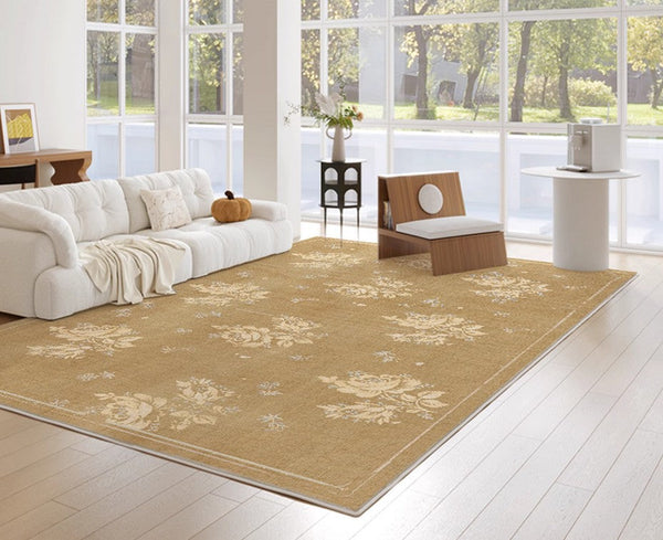 Flower Pattern French Style Modern Rugs for Dining Room, Contemporary Modern Rugs, Mid Century Modern Rugs for Interior Design, Yellow Soft Rugs under Coffee Table-Art Painting Canvas
