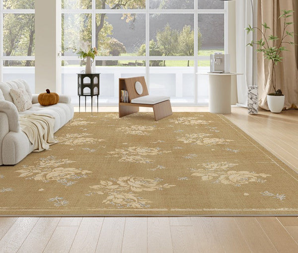 Flower Pattern French Style Modern Rugs for Dining Room, Contemporary Modern Rugs, Mid Century Modern Rugs for Interior Design, Yellow Soft Rugs under Coffee Table-Art Painting Canvas
